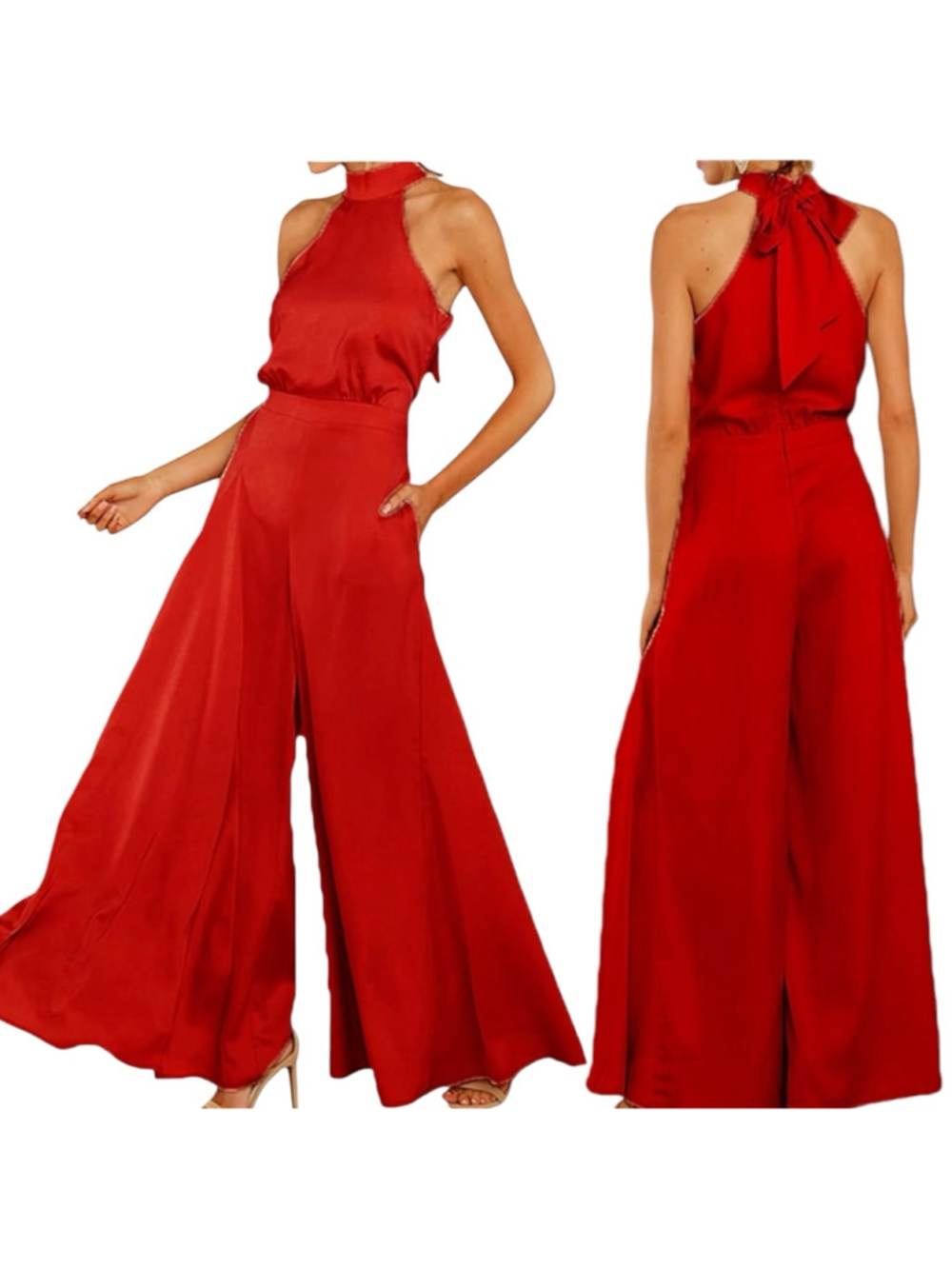 S-DEER Scarlet Satin Wide Leg Halter Jumpsuit, L, 
Palazzo Glamour